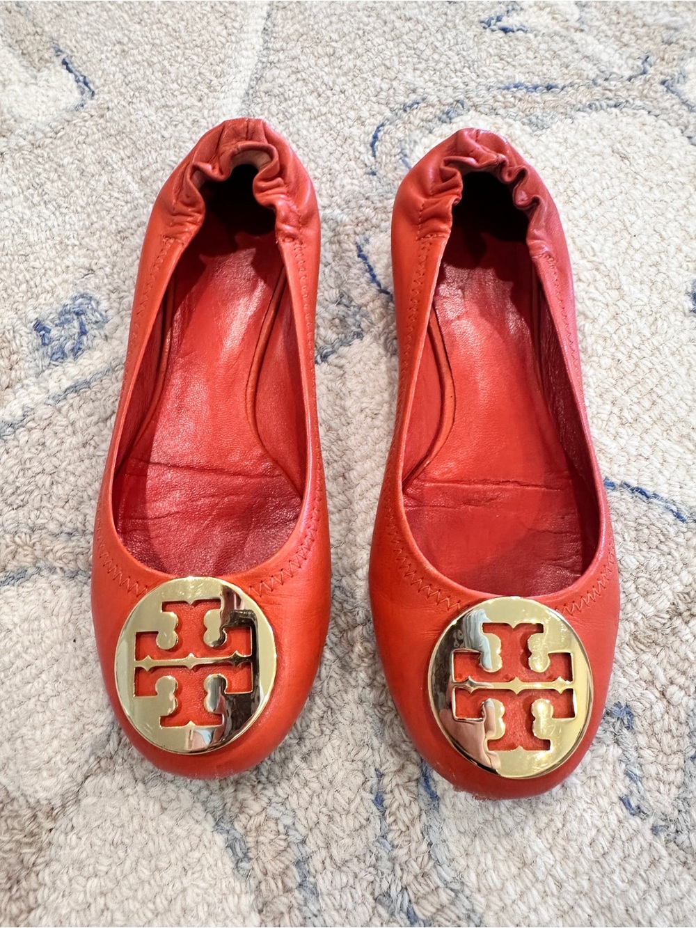Tory Burch Coral-Red Leather Logo Round-Toe Ballet Flats